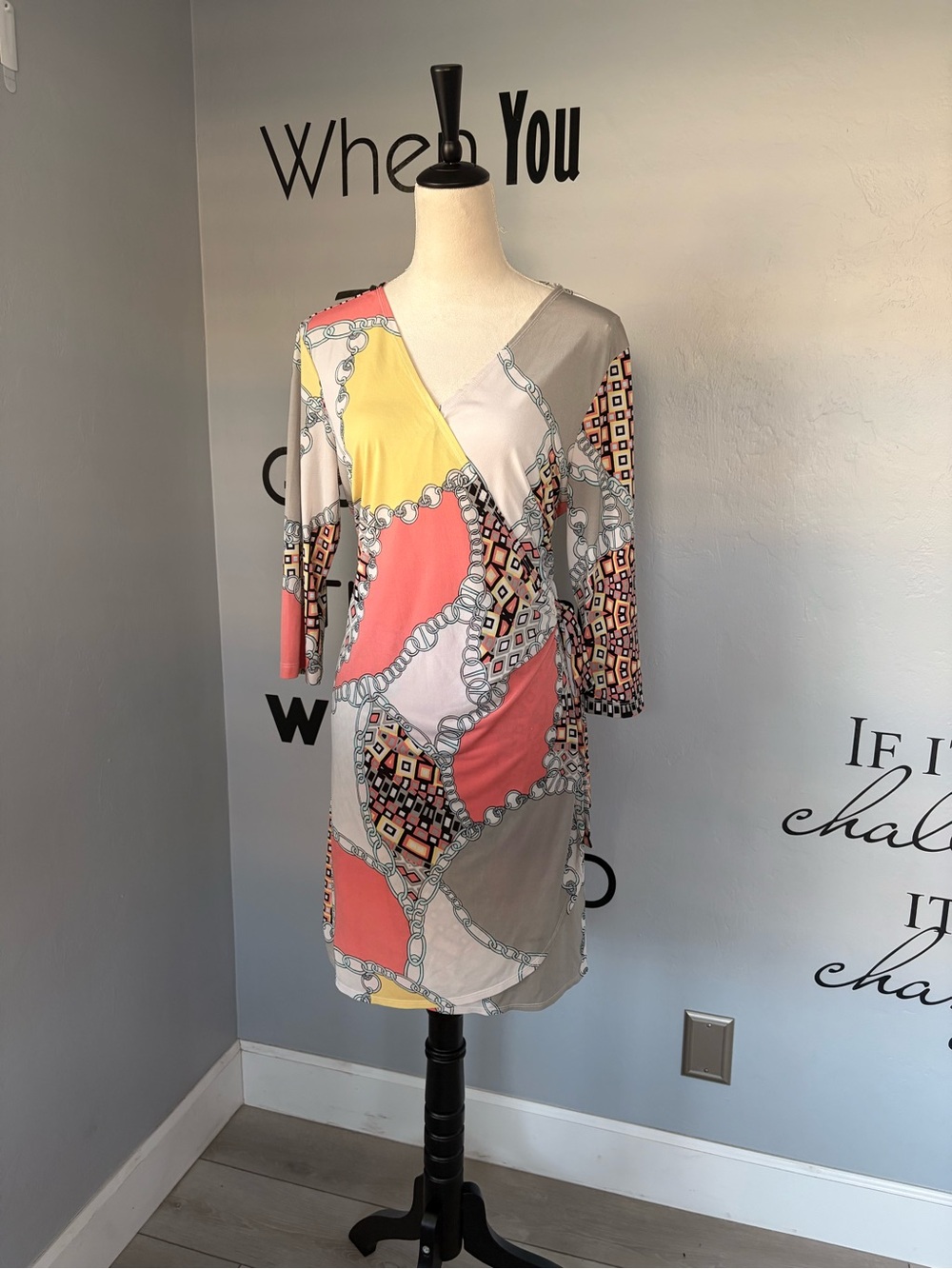 Soho Apparel Wrap Dress with 3/4 Sleeves in Coral, Yellow & Gray Size 14